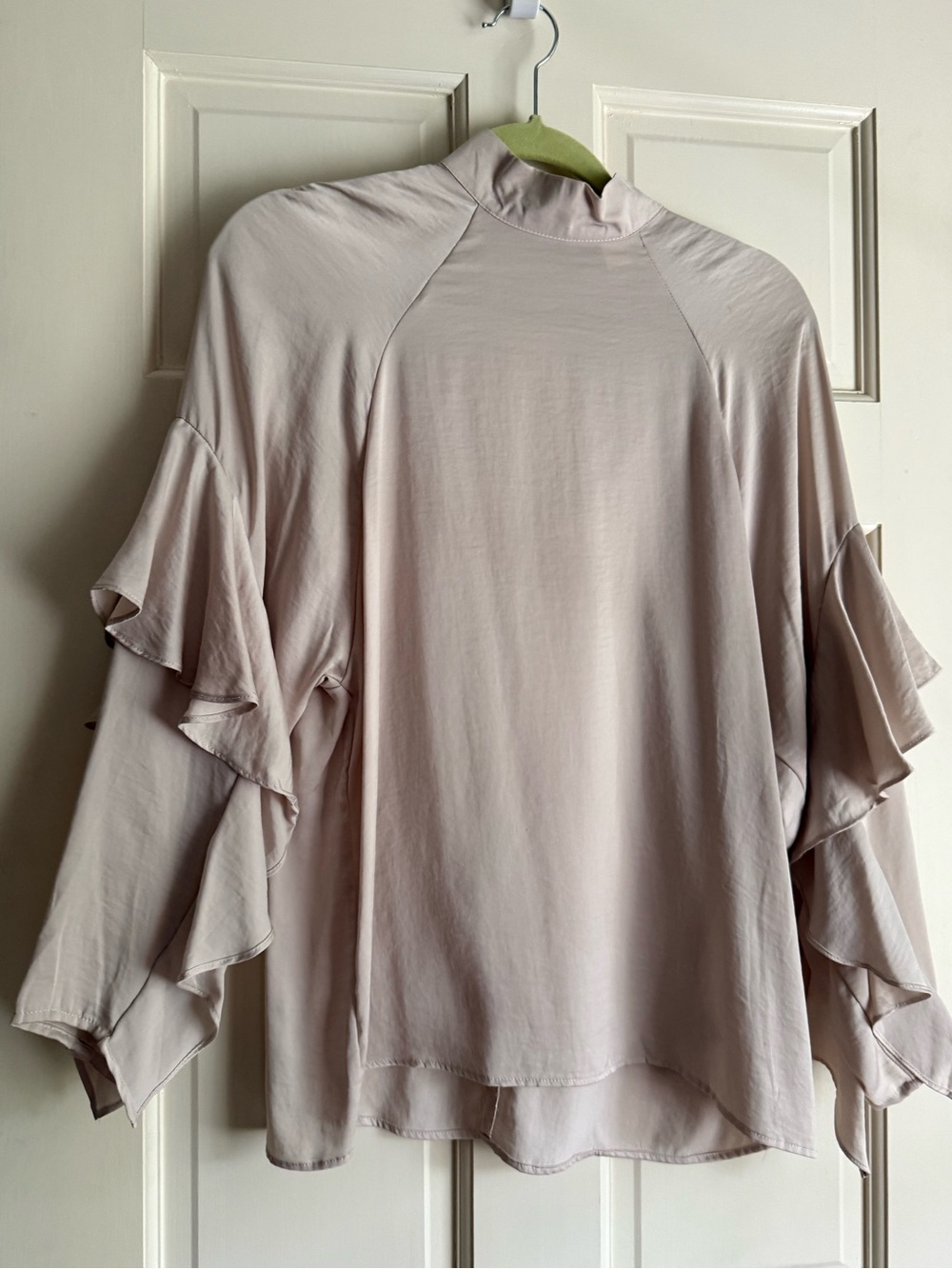 Mango Soft Beige Ruffle Sleeve Mock Neck Blouse